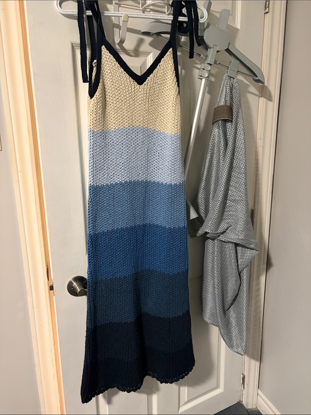 Zara Striped Knit Maxi Jumpsuit in Cream and Blue Tones